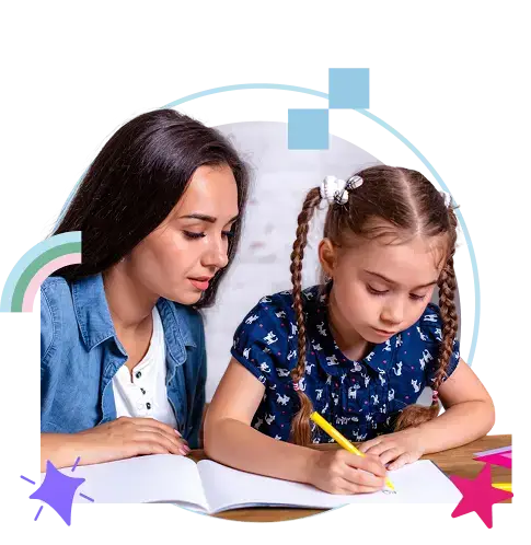woman teaching a girl to write