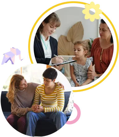 women explaining something to children