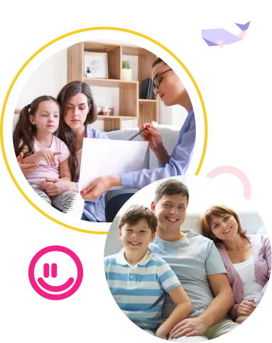 a woman showing something to a mother and daughter family photo
