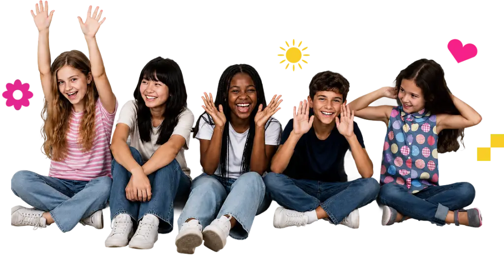 five happy children sitting
